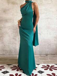 Elegante vestido de punto de una pieza en color sólido con espalda descubierta.Perfecto para fiestas, bodas y citas nocturnas de verano - amarillo ganso - Ver 3