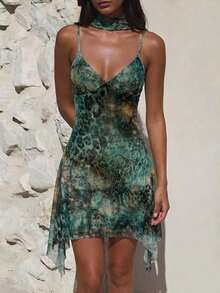Vestido corto de verano con tirantes finos y estampado de leopardo sexy para mujer - Amarillo - Ver 7