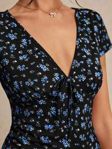 Vestido de línea A con estampado floral y cuello en V dulce para mujer, vestidos florales, vestidos florales de primavera, vestidos de mujer para la playa, Y2K verano, vestidos florales, vestidos de verano lindos, vestidos de verano - Negro - Ver 2