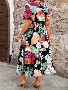 Vestido floral de manga corta con cuello en V, cintura ceñida, de talla, elegante y de moda para primavera/verano - Multicolor - Ver 4