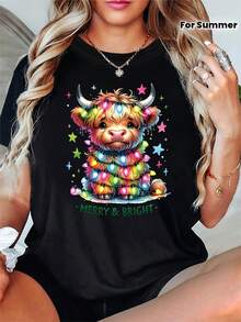 [Oferta Especial de Navidad]Camiseta de manga corta para mujer con cuello redondo y estampado de texto "MERRY & BRIGHT" con diseño de una linda vaca de las Highlands, ideal para compras informales, regalos navideños y reuniones con amigos, creando un look divertido y animado. - Negro - Ver 3