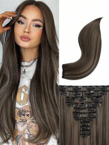11pcs 26 Inch Straight Hair Extensions, Multi-Color Natural Soft Synthetic Hair Clips For Women - Deep Gold Highlights - 彩色 - 查看 2