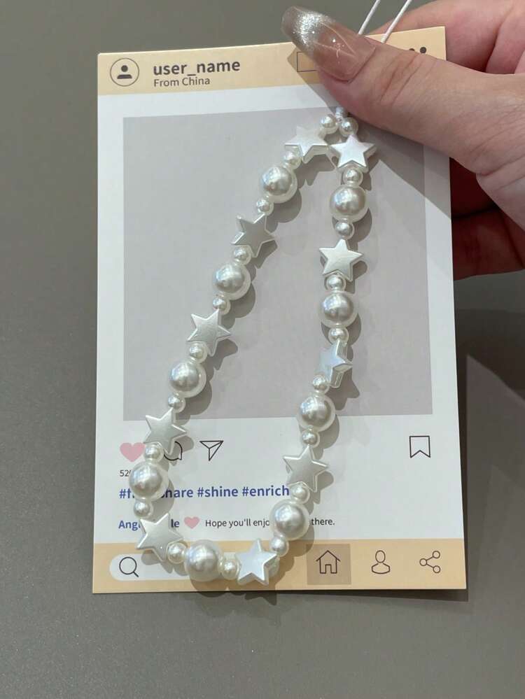 女士星形珍珠串珠手机挂绳、CCD相机挂绳、包包挂饰、钥匙扣、耳机盒吊坠 - 白色 - 查看 4