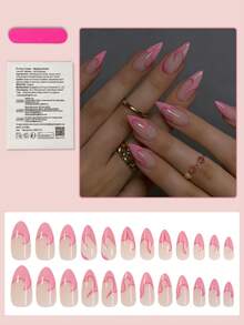 24pcs Medium Pink Ombre Swirl Heart Pattern Glossy Full Cover False Nails, Suitable For Women & Girls, Y2K Style - Pink - View 2