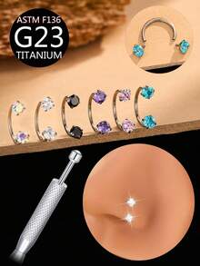 2pcs/Set ASTM F-136 Titanium Alloy 20G Micro Horseshoe Nose Ring & Grip Tool - Sparkling Zirconia Nose Ring, Suitable For Cartilage, Tragus Or Helix Piercing - Silver - View 1