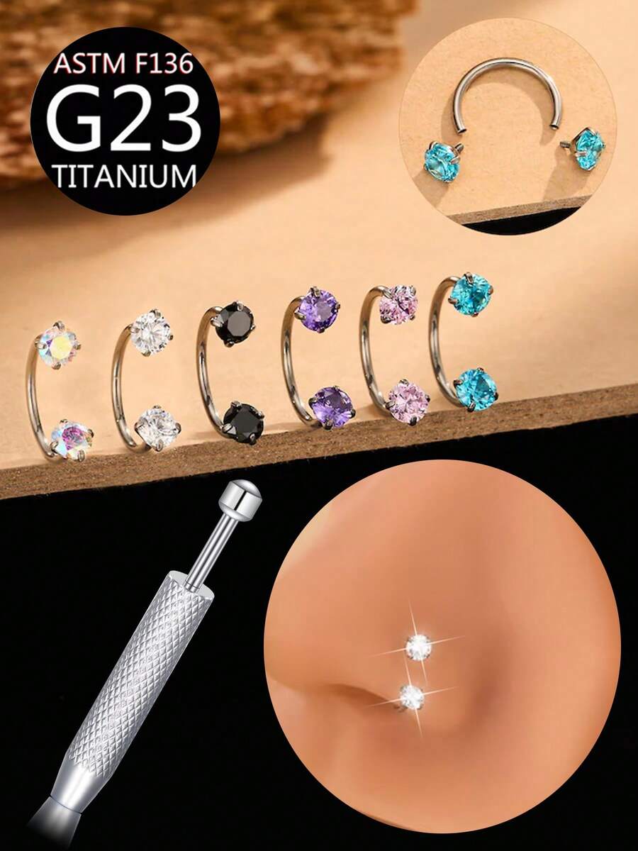 2pcs/Set ASTM F-136 Titanium Alloy 20G Micro Horseshoe Nose Ring & Grip Tool - Sparkling Zirconia Nose Ring, Suitable For Cartilage, Tragus Or Helix Piercing - Silver - View 1