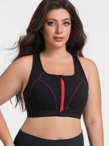 Front Zipper/Contrast Color/Women Plus Size/Removable Padded/Outdoor/Yoga/Sports Bra - Black - View 5