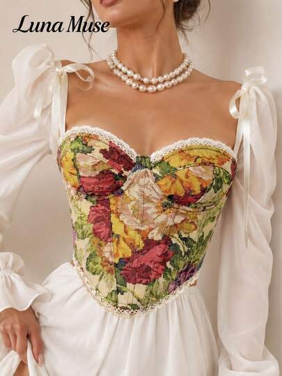 Áo corset Luna Muse dành cho nữ, phong cách vintage Baroque, họa tiết hoa jacquard, phối ren, kiểu áo bustier thêu, áo crop tank top gợi cảm lấy cảm hứng từ tranh sơn dầu thời kỳ Y2K, áo quây không dây đeo vai, thích hợp cho tiệc tùng, lễ hội âm nhạc, kỳ nghỉ, hội chợ thời Phục Hưng, Lễ Tạ ơn.