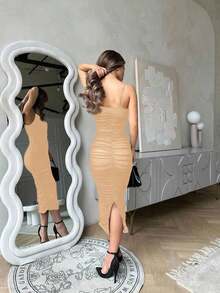 Vestido lencero bajo con abertura fruncido de malla - amarillo ganso - Ver 5