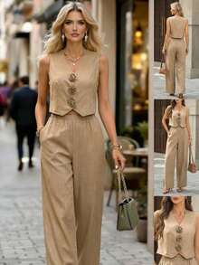 Conjunto de 2 piezas de chaleco y pantalones con flores 3D elegantes para mujer, mezcla de lino, adecuado para el uso diario y múltiples ocasiones, regalo para mamá, conjunto de lino de verano para mujer con pantalón de pierna ancha y chaleco sin mangas - Albaricoque - Ver 8