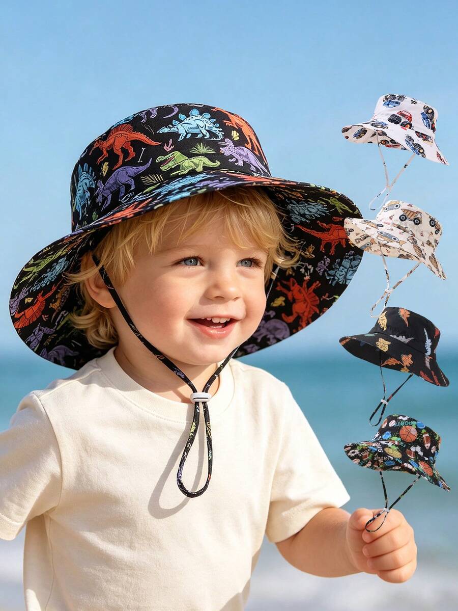 1件 幼兒恐龍印花遮陽帽,可調節下巴帶寬邊透氣夏季海灘戶外帽,適用於男孩 - 卡通印花 - 查看 1