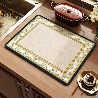 Elegant Vintage White Rose Border Kitchen Drying Mat, Luxury Paisley Pattern Absorbent Countertop Mat, Non‑Slip Quick‑Dry Waterproof Dish Draining Pad, Heat‑Resistant Decor Table Mat For Coffee Bar, Dining Table & Kitchen Counter, Easy‑Clean Household Decor Accessory