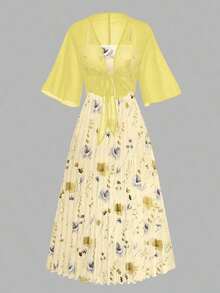 Conjunto de 2 piezas de vestido de gasa con estampado floral diminuto y chaqueta, elegante atuendo de moda para citas, vacaciones y uso casual en primavera - Amarillo - Ver 4