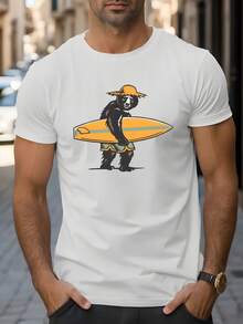 Men's T-Shirt With A Bear And Surfboard Print, Fun And Summery Design, Casual Short Sleeves Ideal For Summer, 100% Pure Cotton, Crew Neck, Relaxed And Versatile Style, Perfect For Everyday Wear, Beach Days And Outdoor Activities In Spring, Summer And Autumn, Regular Fit Suitable For Most Mexican Adults, Cool And Breathable Fabric, Machine Washable, Original Gift For Surf And Bear Lovers - 白色 - 查看 1