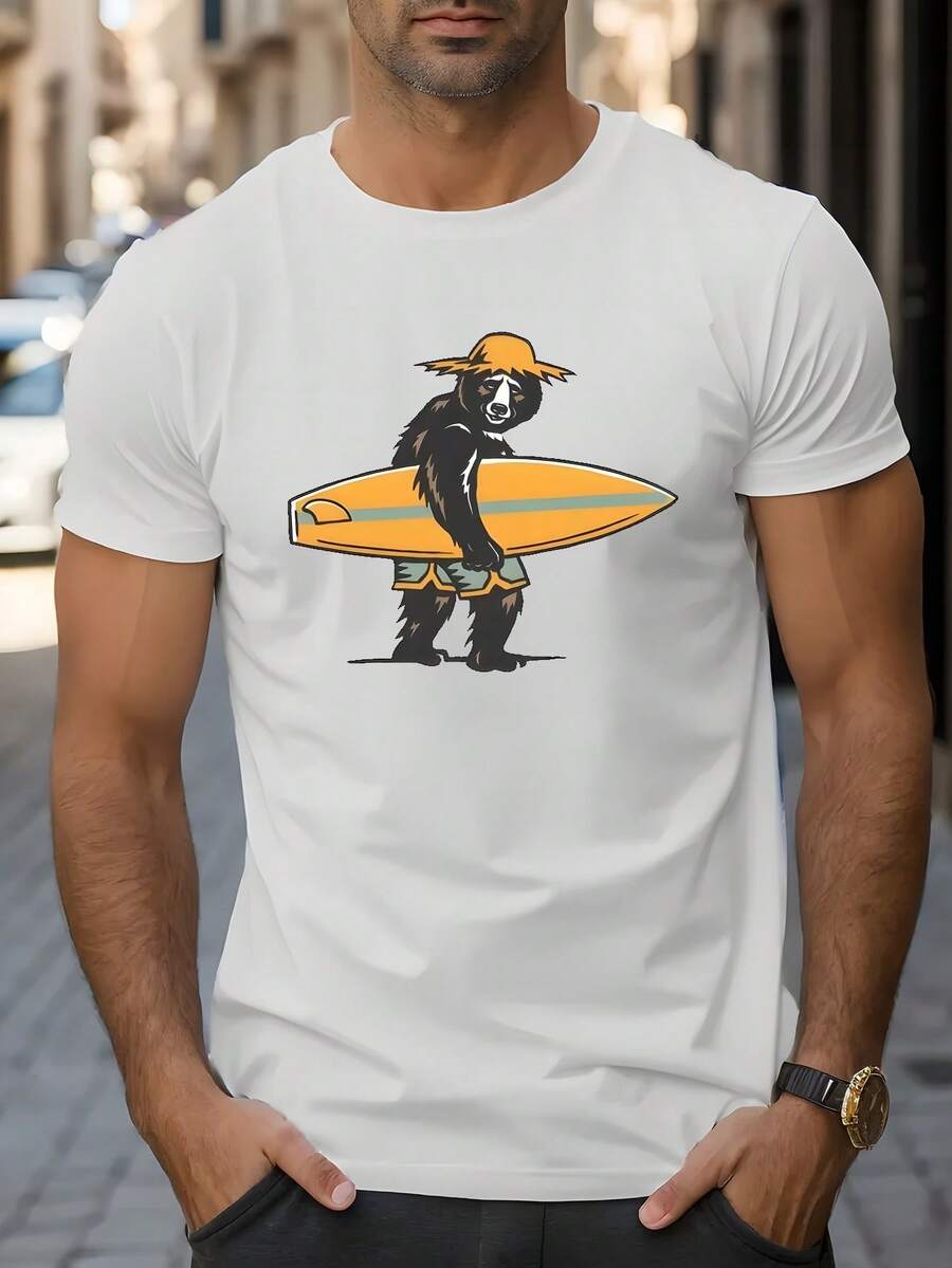 Men's T-Shirt With A Bear And Surfboard Print, Fun And Summery Design, Casual Short Sleeves Ideal For Summer, 100% Pure Cotton, Crew Neck, Relaxed And Versatile Style, Perfect For Everyday Wear, Beach Days And Outdoor Activities In Spring, Summer And Autumn, Regular Fit Suitable For Most Mexican Adults, Cool And Breathable Fabric, Machine Washable, Original Gift For Surf And Bear Lovers - 白色 - 查看 1