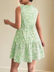 Plus Size Women's Bohemian Style French Elegant Ditsy Floral Sleeveless Belted Mini Dress, Suitable For Spring/Summer Graduation Ceremony - Multicolor - View 4