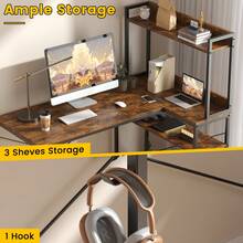 Industrial Computer Desk With Left CPU Stand, Monitor Riser & 3-Tier Shelves – 120cm Gaming Desk With Spacious MDF Top, Home Office Study Table, Writing Desk For Bedroom (Rustic Brown/Black) - Brown - View 5