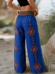 Plus Size - Plus Size - New Spring/Autumn Design Niche High Waist Retro Loose Casual Pants With Random Print Wide Leg - Blue - View 3