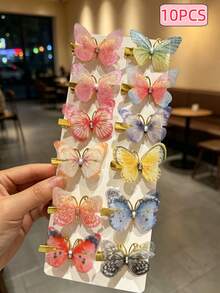 10pcs/Set Vintage Gradient Butterfly Hair Clips, Women's Hair Accessories, Ethereal Girl Hair Pins, Bangs Side Clips, Exquisite Tulle Elegant Rhinestone Design, Daily Use - Multicolor - View 1