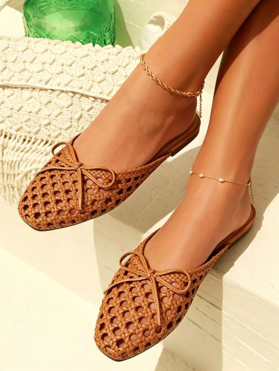 Summer Women Espadrilles Sandals Round Toe Bowknot Hollow Out Casual Comfy Beach Vacation Flats Slippers Shoes - 棕色 - 查看 1