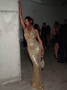 Elegant Romantic Sequin Backless Bow Sequin Splice Women's Dress Fall Wedding Party - Champagne - View 5