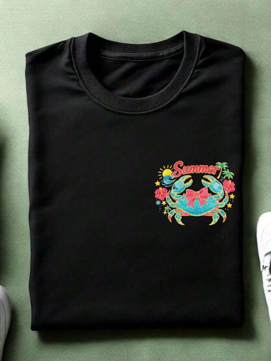 1 Summer T-Shirt With Crab Print, Crew Neck Summer Tee, Pool Party Outfit, Family Trip Gift, Matching Short Sleeve Graphic Print For Best Friends And Cousins. TC-3843180g 100% Cotton - 黑色 - 查看 1