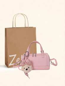 Nueva bolsa de tote de unicolor con colgante, bolso de mano minimalista y versátil, estilo universitario elegante cilíndrico europeo y americano, adecuado para ir al trabajo, compras, viajes, fiestas y la escuela para mujeres - Multicolor - Ver 3