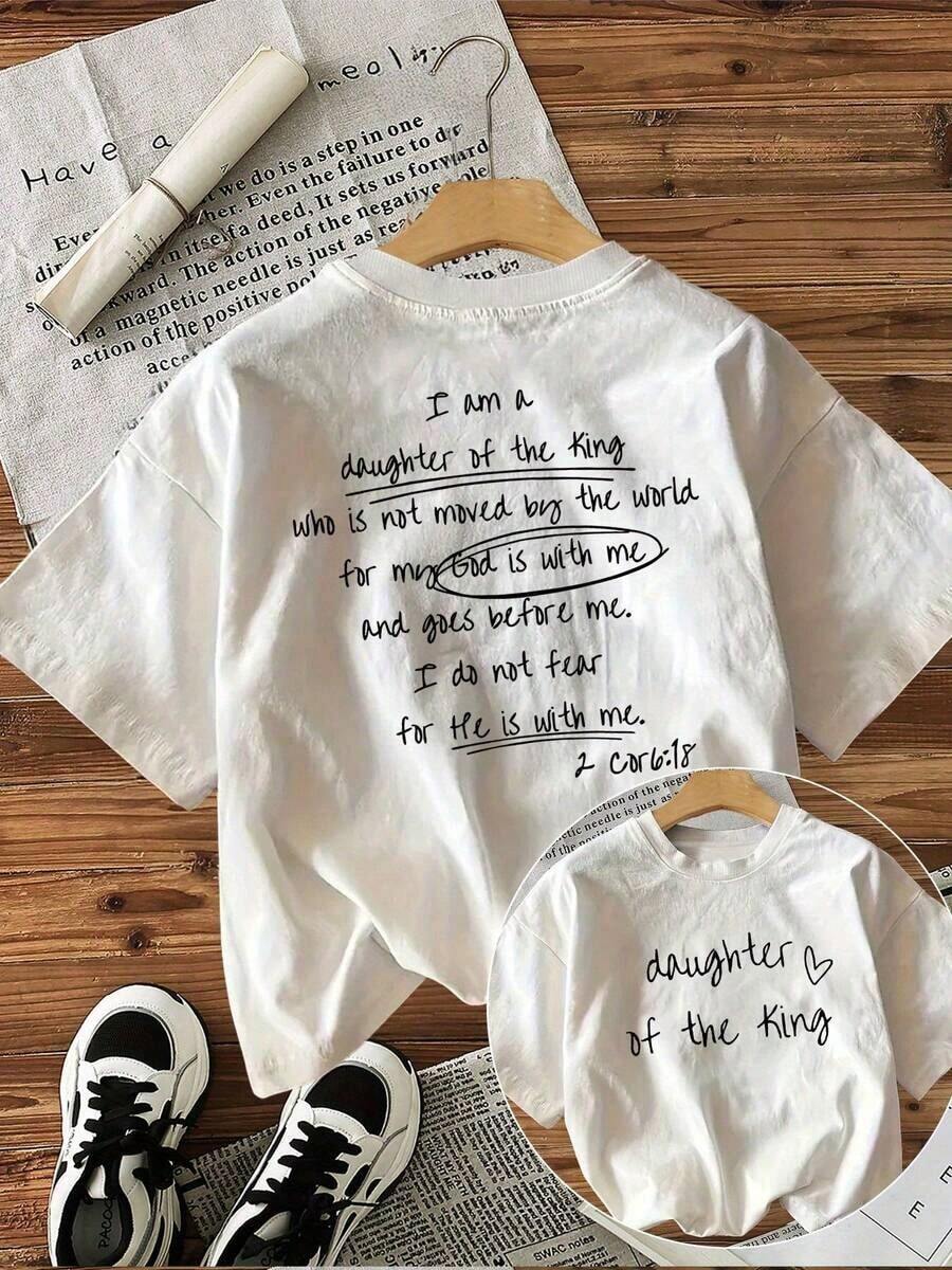 Women's Summer Cotton T-Shirt, Double-Sided 'I Am A Daughter Of The King' Print, Inspirational Religious Text, Round Neck Short Sleeve - White - View 1