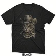 Funny Cat Cowboy Western Country T-Shirt - Black - View 1