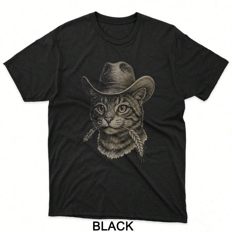 Funny Cat Cowboy Western Country T-Shirt - Black - View 1