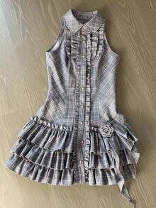 Summer Japanese Y2K Sweet Vintage Elegant Woman Sexy Retro Design Harajuku Dress Female Plaid Korea Style Chic Outfits New  Slim Fit Princess A Line Short Mini Bodycon Streetwear - Gray - 查看 1