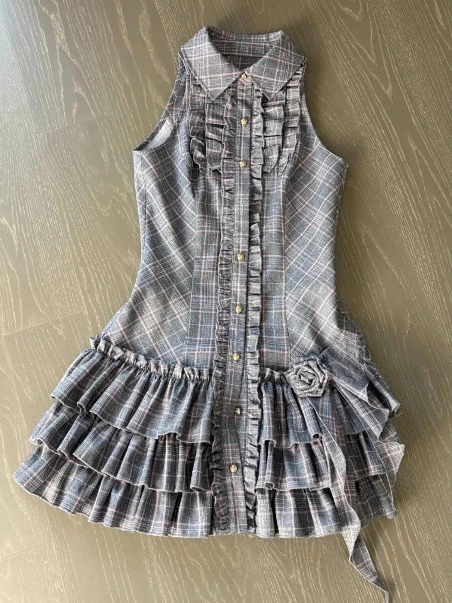 Summer Japanese Y2K Sweet Vintage Elegant Woman Sexy Retro Design Harajuku Dress Female Plaid Korea Style Chic Outfits New  Slim Fit Princess A Line Short Mini Bodycon Streetwear - Gray - 查看 1