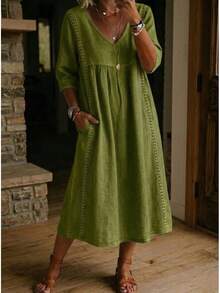 2026 New Casual Loose V-Neck Linen-Cotton Dress With Lace Trim - Yellow - View 8