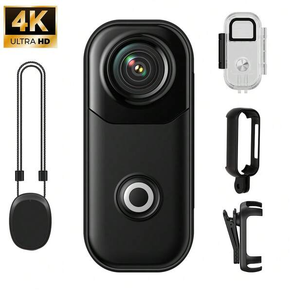 Cámara deportiva mini 4K de pulgar portátil 16MP gran angular POV de bolsillo con cordón magnético, disparo panorámico manos libres, impermeable, a prueba de golpes, cámara vlog apta para montar en bicicleta, motocicleta y casco