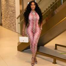 Snake Skin Print Round Neck Backless Elastic Bodycon Jumpsuit, Spring/Summer Pink - Pink - View 2