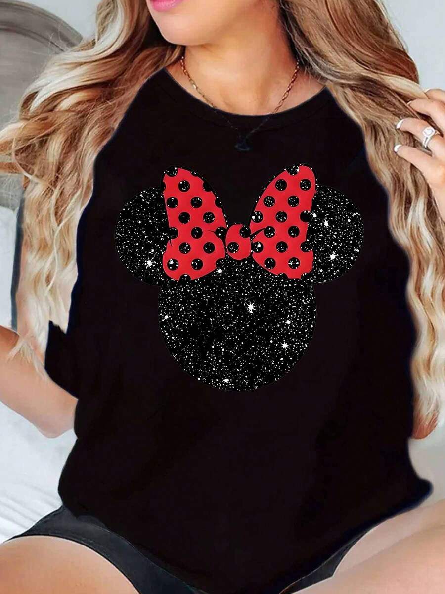 Minnie Mouse Sparkle Bow Print Disney Women T Shirt Round Neck Short Sleeve Casual Wear For Everyday And Holiday Soft Comfortable 220g - màu đen - Xem 1