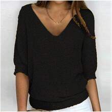 Spring Summer New Arrival European Style Solid Color V-Neck Knitwear, Women Elegant 3/4 Sleeve Casual Office Air Conditioning Top - 黑色 - 查看 4