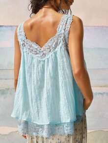 Blusa de uso diario versátil y casual con parches de encaje para mujer - verde menta - Ver 9