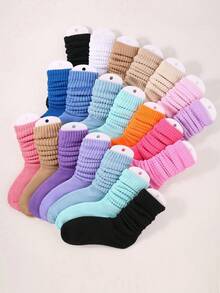 12 Pairs Of Children's Casual Solid Color Socks, Children's Knee Length Socks, Children's Pile Socks, Girls' Candy Colored Cute And Sweet Princess Style Socks - Multicolor - View 3