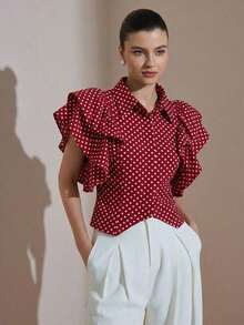 Aveloria Revavyn Blusa elegante de cuello alto con estampado de lunares retro francés, manga de pétalo, moda elegante y de alta gama para mujeres - Rojo - Ver 1