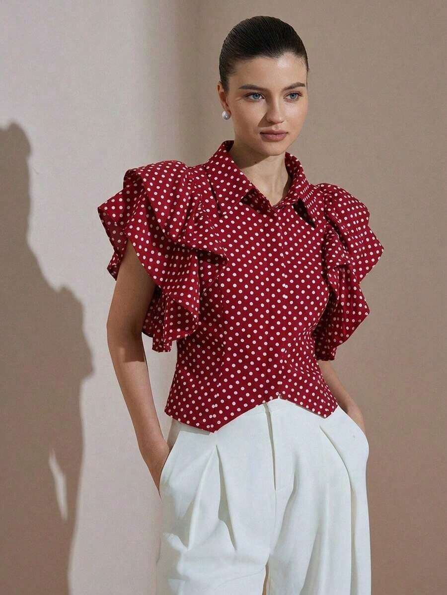Aveloria Revavyn Blusa elegante de cuello alto con estampado de lunares retro francés, manga de pétalo, moda elegante y de alta gama para mujeres - Rojo - Ver 1