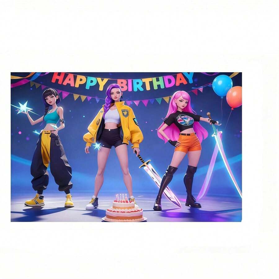 1件装时尚Rumi Mira Zoey K-Pop女团韩国蛋糕装饰横幅,美观的墙面悬挂背景,适用于大型音乐主题生日派对和粉丝聚会活动 - 彩色 - 查看 1