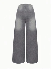 Retro High Street Washed Gray Denim Jeans, Women's Fashion Design Straight Loose Casual Wide Leg Pants, New Autumn Collection - Grey - View 8