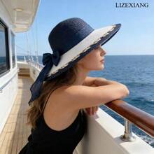 Stylish Straw Hat With Bowknot,Hats For Women,Beach Hats For Women,Elegant Women's Sun Hat, Beach Sun Protection Hat, UV Protection Hat - 藏蓝色 - 查看 6