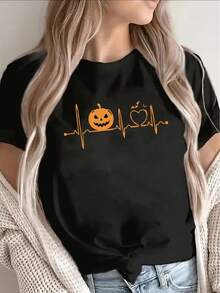 1 Piece Women's Halloween Costume, Pumpkin Heartbeat Print EKG Heart Monitor - Round Neck, Short Sleeves, Loose & Comfortable, Made Of Breathable Pure Cotton Material, Women's Party Costume, Autumn Clothing. - 白色 - 查看 7