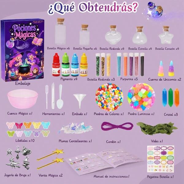 Kit de Pociones Mágicaspara Niños, 24 Botellas Kit de Mezcla Mágica, Manualidades para Niñas, Decoración de Navidad y Halloween, Regalo de Cumpleaños Juguetes para Niñas de 6 7 8 9 10+ Años