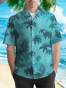 Men'S 3D Plant Print Polyester Hawaiian Shirt Summer Beach Short Sleeve Vintage Floral Casual Regular Fit Breathable Comfortable - 青色 - 查看 12