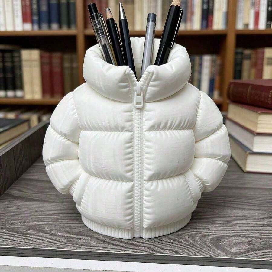 1 قطعة حامل أقلام بتصميم فريد على شكل جاكيت ريش، تصميم مطبوع ثلاثي الأبعاد، حامل أقلام متعدد الوظائف ومنظم فرش المكياج، مناسب لديكور المكتب، قابل للاستخدام على المكتب أو في الحمام، ديكور تخزين فرش المكياج - مقاس واحد - مشاهدة 1