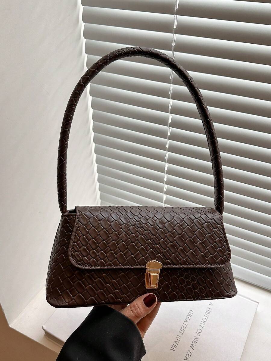 柔軟面料PU皮革金屬鎖飾裝飾貝殼造型復古風法棍包女款單肩包新款女包小包手提包小方包 - 咖啡 - 查看 1