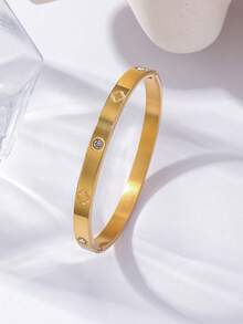 1pc Stainless Steel Bangle, Mirror Polished, Vacuum Plated, Non-Fading, Lucky Four-Leaf Clover, Classic Fashion Design, Suitable For Daily Wear. 3 Sizes Available, Family Set, Inner Diameter 6.4/6/5.2cm - Lsc-01 - View 8